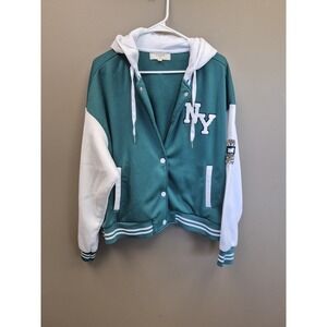 No Comment Plus 2X Varsity Hoodie Sweatshirt Y2K NY Snap Teal